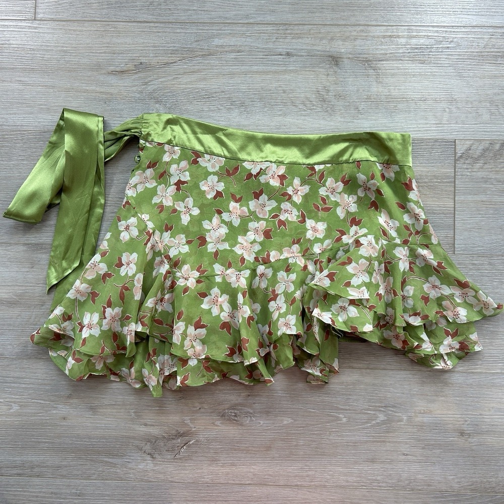 VTG Abercrombie & Fitch Silk Skirt Womens 8 Green Floral Ruffle Wrap Mini Skirt - Picture 4 of 7